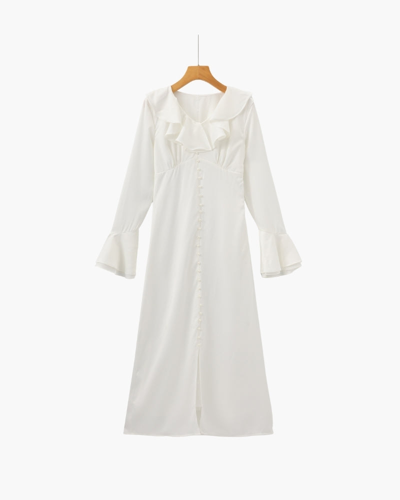 Vestito Midi con Volant e Bottoni Perla