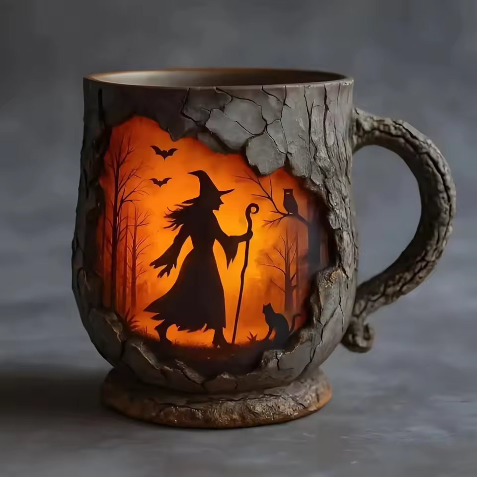 Artisan 3D Halloween Mug β Featuring Witch and Cat Design