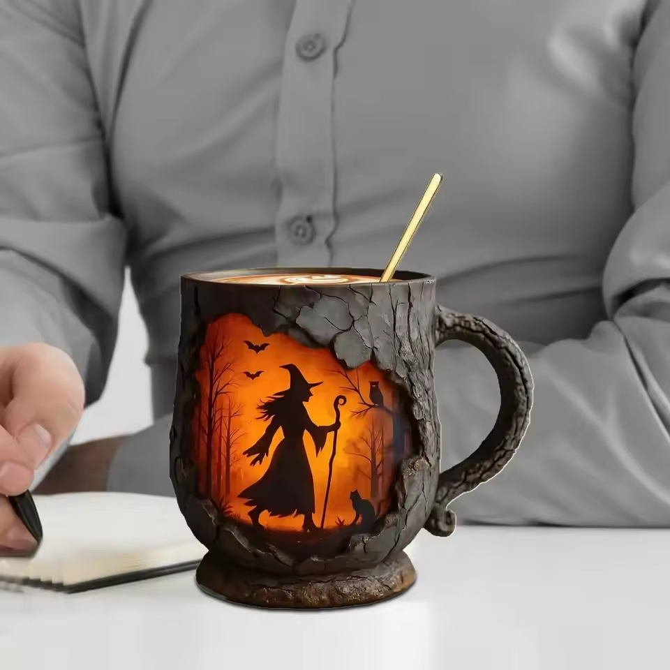Handcrafted 3D Halloween Mug – Witch and Cat Design