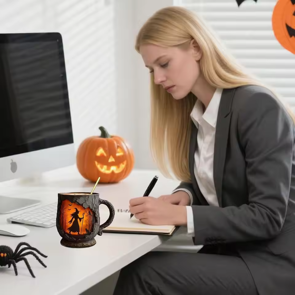 Artisan 3D Halloween Mug β Featuring Witch and Cat Design