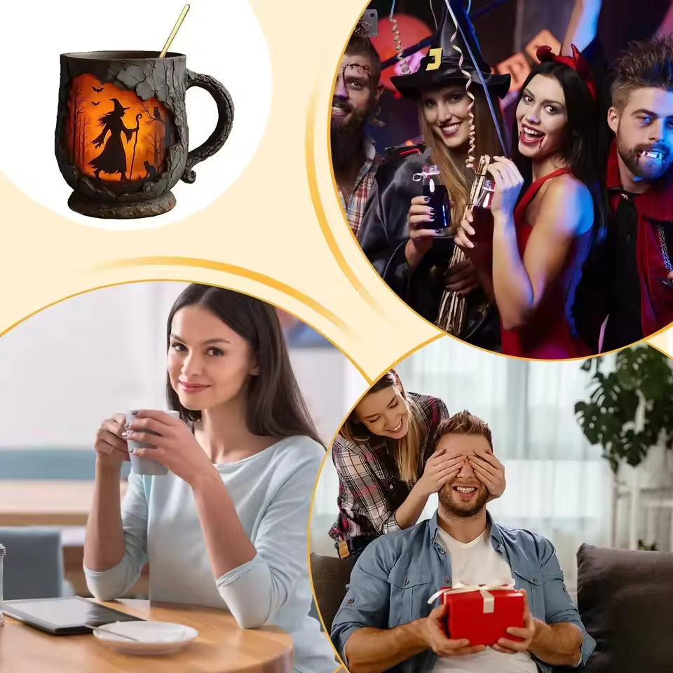 Artisan 3D Halloween Mug β Featuring Witch and Cat Design