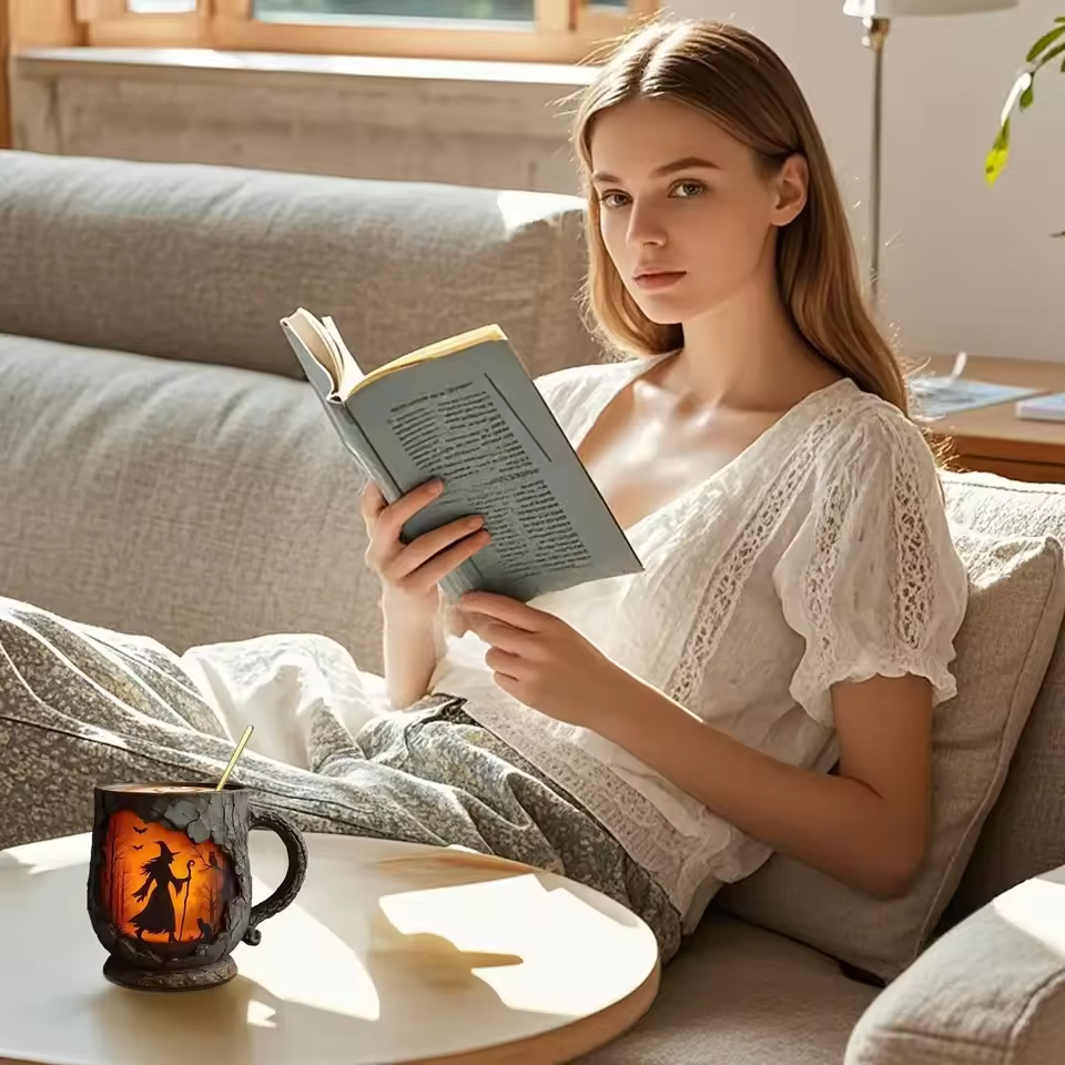 Handcrafted 3D Halloween Mug – Witch and Cat Design