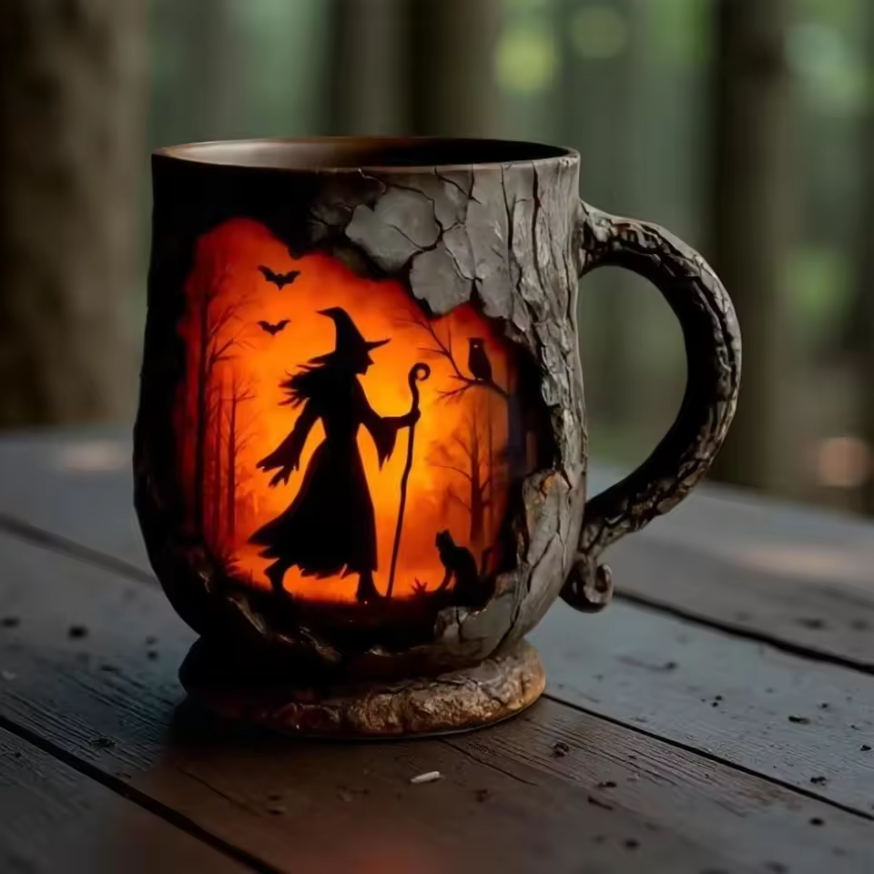 Artisan 3D Halloween Mug – Featuring Witch and Cat Design